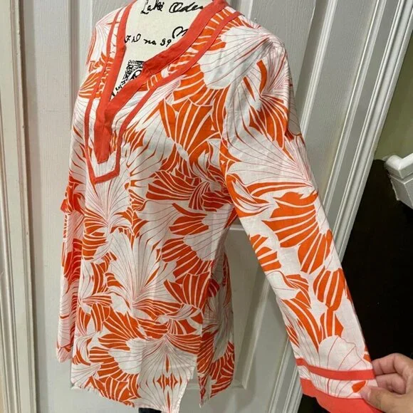 J.CREW TROPICAL PREPPY TUNIC MINI DRESS 3/4 SLEEVE FLORAL BOHO 70’ STYLE SZ M - Picture 6 of 13